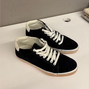 Bottega Venetta Black Suede Sneakers with white intercciato detail
